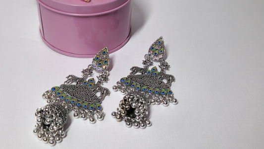 Regal Oxidised Peacock Chandelier Earrings