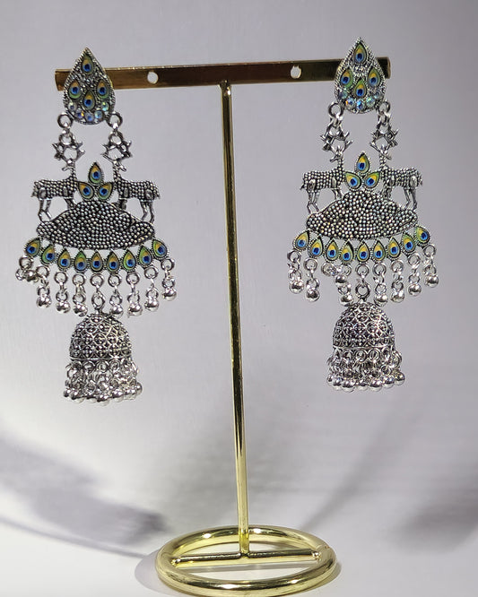 Handcrafted Long Oxidised Peacock Earrings