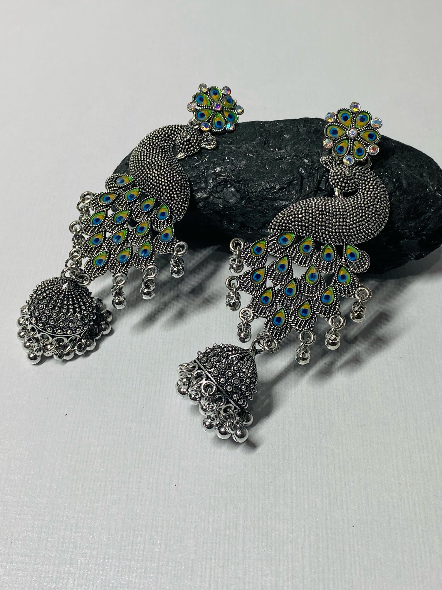 Peacock Designed Exquisite Handcrafted Long Oxidised Earrings