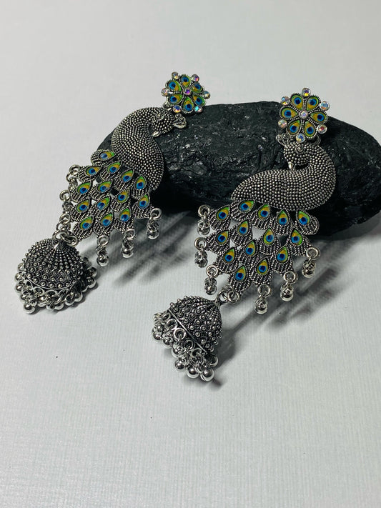 Peacock Designed Exquisite Handcrafted Long Oxidised Earrings